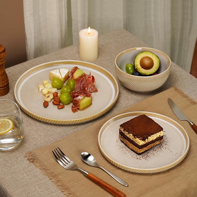 Metflavor Stoneware Dinnerware Sets for 4, 12-Piece Scratch Resistant Plates and Bowls Set, Dishwasher and Microwave Safe Ceramic Dishes Set, Ribbed, Sculpted Dune
