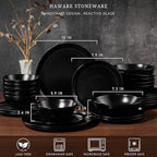 HaWare Plates and Bowls Set, Stoneware Dinnerware Sets, 24-Piece Hand-painted Dishware for 6, Ceramic Dish Set for Home Kitchen, Scratch Resistant, Microwave and Dishwasher Safe, Matte Black