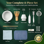 BARISTA EMPEROR® PREMIUM 11pcs MATCHA WHISK SET - Professional Matcha Kit Set with Matcha Bowl, Matcha Whisk, Milk Frother, Spoon, Matcha Sifter, Scoop, Scoop Stand, Measuring Cup, Tea Mat and Cloth