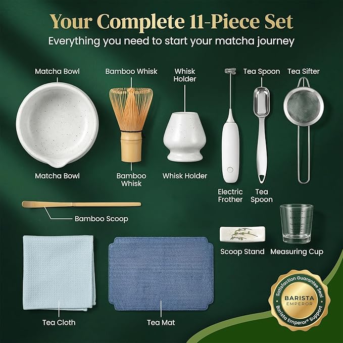 BARISTA EMPEROR® PREMIUM 11pcs MATCHA WHISK SET - Professional Matcha Kit Set with Matcha Bowl, Matcha Whisk, Milk Frother, Spoon, Matcha Sifter, Scoop, Scoop Stand, Measuring Cup, Tea Mat and Cloth
