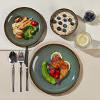 Pokini Stoneware Dinnerware Sets Service for 12, 36 pcs Reactive Glaze Plates and Bowls Sets, Handmade Ceramic Dish Set, Highly Chip and Crack Resistant Modern Plate Set, Brown Green
