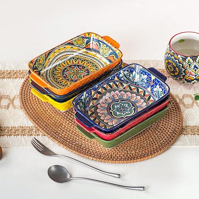 Henten Home Porcelain Rectangular Bowls with Handle - 20 oz Ceramic Pasta Bowls Set of 6, Colorful Bohemian Style Serving Dishes for Salad, Risotto, Oven,Microwave & Dishwasher Safe