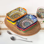 Henten Home Porcelain Rectangular Bowls with Handle - 20 oz Ceramic Pasta Bowls Set of 6, Colorful Bohemian Style Serving Dishes for Salad, Risotto, Oven,Microwave & Dishwasher Safe
