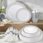 WELLIFE 175Pcs Silver Dinnerware Sets, Include:25 Dinner Plates, 25 Dessert Plates, 25 Paper Napkins, 25 Cups, 75 Silver Silverware Set for Party and Weddings