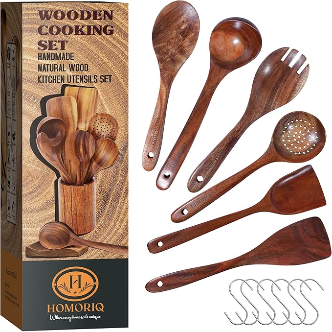 6-Piece Teak Wooden Cooking Utensils Set – Heat-Resistant Spoons & Spatulas | Natural Wood, Non-Stick Safe Kitchen Tools