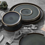 LIANYU Dinnerware Sets with Pasta Bowls, 16 Piece Plates and Bowls Set for 4, Ribbed Stoneware Dishes Set for Kitchen Dining, Microwave and Dishwasher Safe, Jungle Green