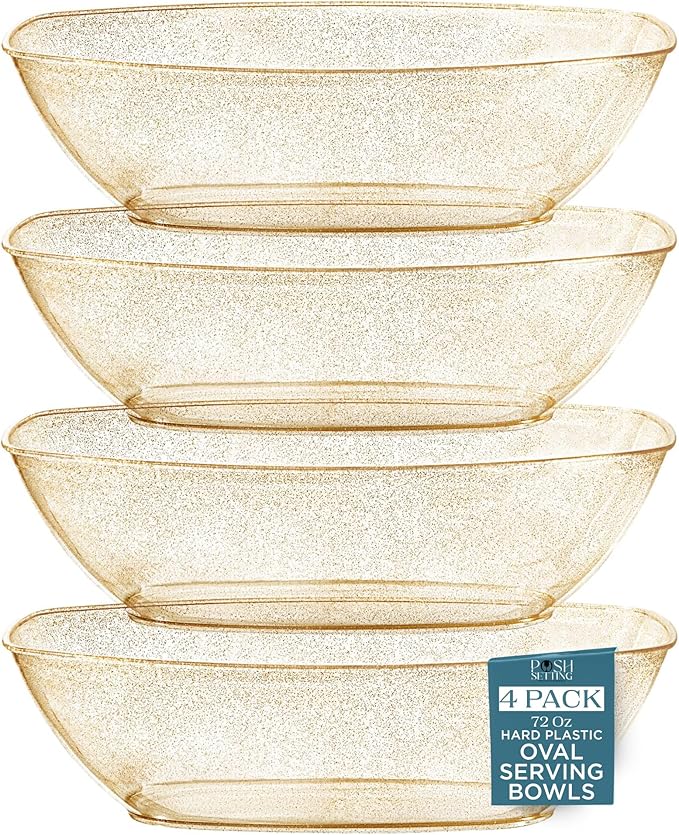 Posh Setting - Disposable Oval Party Bowls, Plastic Serving Bowls - Glitter Gold, 4 Pack