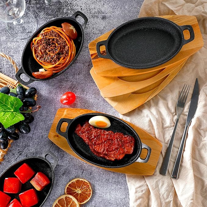 Mifoci 12 Pcs Mini Cast Iron Skillet with Wooden Base Small Cast Iron Fajita Plates Baker's Skillet Matte Black Pan Pot for Kitchen Restaurant Barbecue Dinner (8.7 x 4.7 x 1.6 Inches)