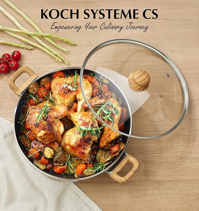 KOCH SYSTEME CS Stainless Steel Saute Pan with Lid, 12 Inch Deep Frying Pan with Double Handles, 5.5 Quart 18/10 Stainless Steel Pan with Cool-Touch Bakelite Handle, Deep Frying Pan, Induction Ready