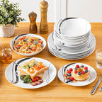 VEWEET Porcelain Dinnerware Sets for 6, 18 Pieces Plates and Bowls Set with Black and Grey Ribbon Lines, Dishes Set Dining Ware for Dinner, Microwave and Dishwasher Safe, Series FIONA