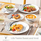 VEWEET Porcelain Dinnerware Sets for 4, 12 Pieces Plates and Bowls Set with Black and Grey Ribbon Lines, Dishes Set Dining Ware for Dinner, Microwave and Dishwasher Safe, Series FIONA