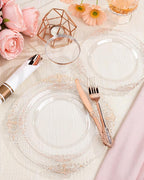Nervure 175PCS Rose Gold Plastic Plates - Disposable Rose Gold Party Plates & Pre Rolled Napkins with Cutlery for 25 Guests, 50Plates, 75Silverware, 25Cups, 25Napkin for Wedding & Party & Easter