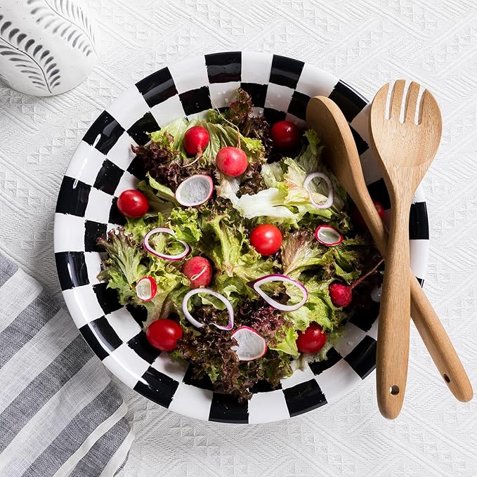 LEHAHA Melamine Large Serving Bowls, Set of 2, Sunflower 13.75" x 2.75" (130 OZ) Pasta and Salad Bowl, Black Plaid Durable for Kitchen, Dishwasher Safe