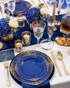 Nervure 350PCS CLear Blue Plastic Plates - Blue Gold Plastic Dinnerware Sets for 50 Guests - 100 Disposable Plates, 150 Silverware, 50 Cups, 50 Napkins for Wedding & Party