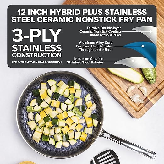 Viking Hybrid Plus 3-Ply Ceramic Nonstick Frying Pan, Made without PFAS, 12-Inch Induction Cookware, Metal Utensil Safe, Oven Safe to 500F