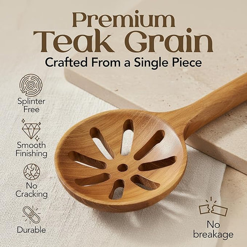 8 Piece Teak Wooden Cooking Spoons Set – Wooden Utensil Set with Spatula Scraper Pasta Spoon Rice Paddle Tongs for Everyday Cooking, Smooth Sanded Finish, Comfortable Grip Handles, Gentle on Cookware