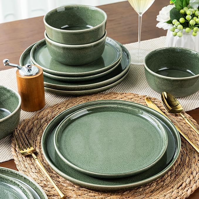 AmorArc Stoneware Dinnerware Sets for 4,Round Reactive Glaze Ceramic Plates and Bowls Set,Highly Scratch Resistant | Dishwasher & Microwave Safe Dishes Set,Service for 4 (12pc)