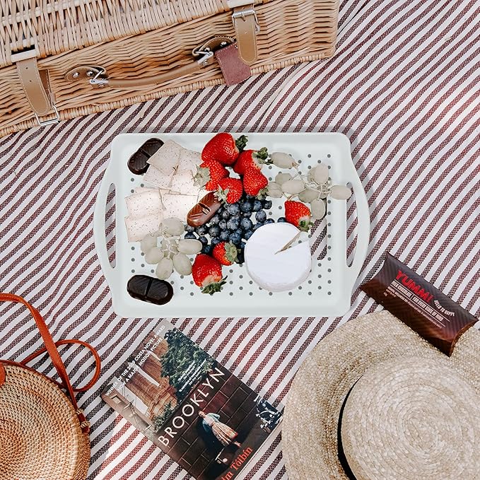 ECOIOU Non Slip Food Serving Tray with Handles, Rectangle Anti-Slip Non-Toxic Dishwasher Safe Tray for Snack Fruit Dessert Breakfast Drink Come with Cleaning Cloths, White