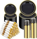 BESTVIP 525PCS Black Gold Dinnerware Set for 75 Guests, Plastic Plates for Halloween Party and Christmas, 75 Disposable Plates, 75 Dessert Plates, 75 Cups, 75 Spoons, 75 Forks and 75 Knives