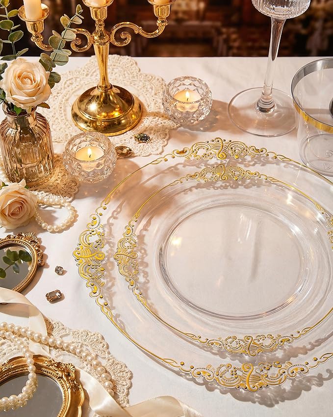 Morejoy 350PCS Clear and Gold Plastic Plates - Clear Plastic Dinnerware Set Include 50Dinner Plates, 50Dessert Plates 150Cutlery, 50Cups, 50Napkin Perfect for Party & Wedding
