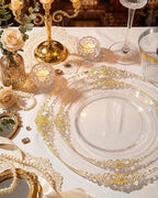 Morejoy 175PCS Clear and Gold Plastic Plates - Clear Plastic Dinnerware Set Include 25Dinner Plates, 25Dessert Plates 75Cutlery, 25Cups, 25Napkin Perfect for Party & Wedding