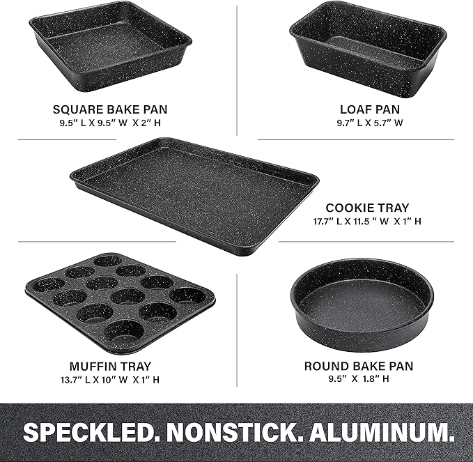 Granitestone Ultra Nonstick Bakeware Set, 5 Piece Dishwasher Safe Baking Pans Set with Muffin Pan, Loaf Pan, Round Baking Tray & Baking Sheet for Oven with Even Heating &No Warp Technology
