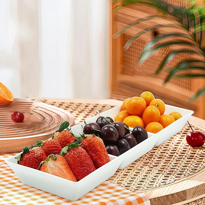 Divided Serving Tray Platter, 4 Pack 15" x 5" Fruit Veggie Food Tray for Party, Plastic Serving Trays for Appetizer, Snack, Dessert, Cookie, Brunch Decorations Platters, White Trays BPA-Free