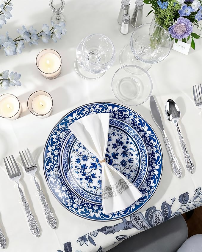 Hioasis 175PCS Blue Plastic Plates - Floral Disposable Dinnerware Set for 25 Guests, Include 50 Dinner & Dessert Plates, 75 Silver Cutlery, 25 Napkins, 25 Cups Perfect for Party (Art Style)