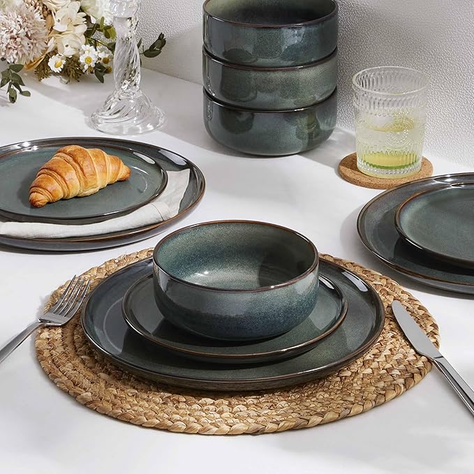 Herogo 18 Pieces Stoneware Dinnerware Set Service for 6, Dinner Plates and Bowls Sets, Double Reactive Glaze Dishes Set for Kitchen, Scratch Resistant, Microwave & Dishwasher Safe, Moss Green