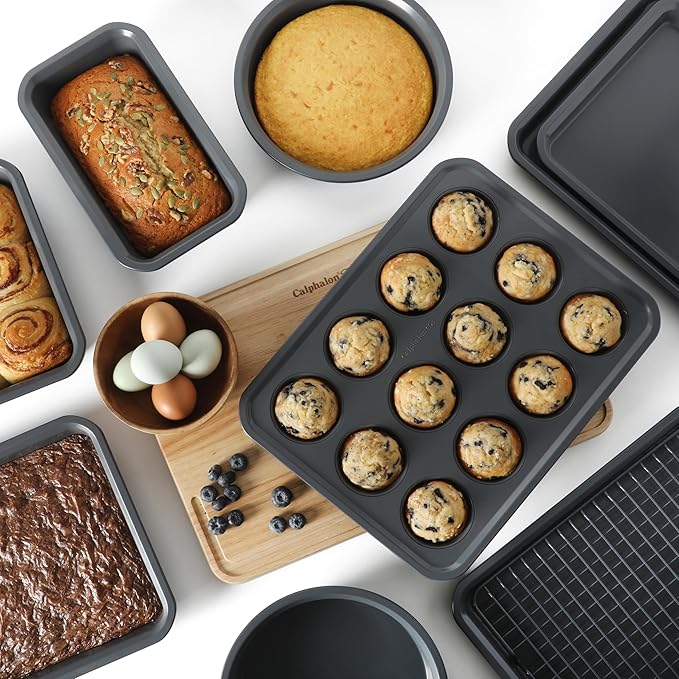 Calphalon Legacy 10-Piece Nonstick Bakeware Set, PFA-Free Nonstick Coating, Oven Safe, Includes Sheet Pans, Muffin Pan, Round Cake Pans, Loaf Pan and Cooling Rack, Blue/Grey Interior