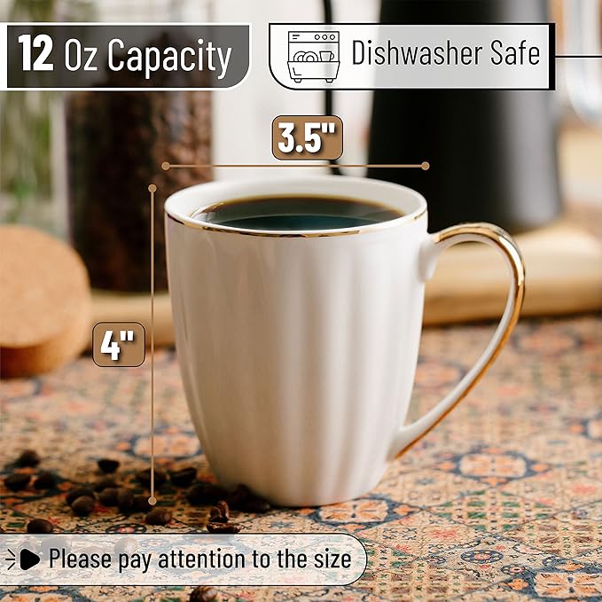 BTaT- White Coffee Mugs Set of 6 (12 oz), Porcelain White Coffee Mug Set with Gold Trim Design