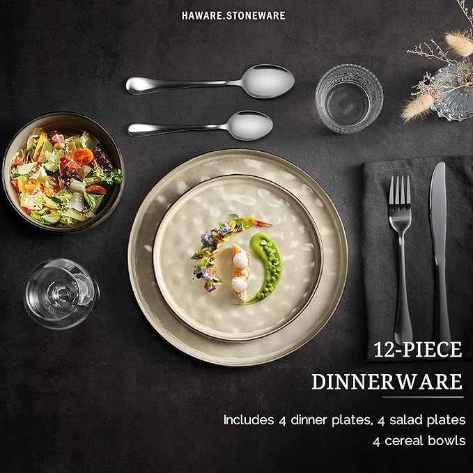 HaWare Dinnerware Sets, 12-Piece Plates and Bowls Set, Stoneware Dish Set for 4, Ceramic Dinnerware for Home Restaurant, Chip and Scratch Resistant, Microwave and Dishwasher Safe, Saturn Khaki