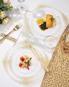 Nervure 175PCS Clear Gold Plastic Plates - Gold Disposable Dinnerware Set for 25 Guests Include 50 Disposable Plates, 75 Plastic Silverware, 25 Cups, 25 Napkins for Wedding & Party & Thanksgiving
