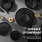 E-far 8-Piece Black Plates and Bowls Sets with Pasta Bowls - Stoneware Dinnerware Set for 2, Modern Ribbed Matte Black Kitchen Dishes, Microwave & Dishwasher Safe