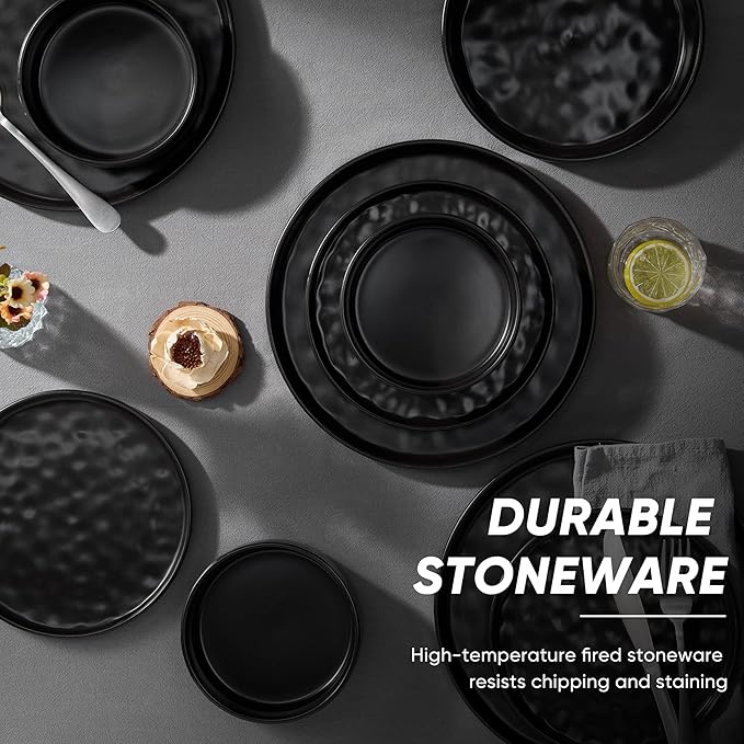 E-far 16-Piece Black Plates and Bowls Sets with Pasta Bowls - Stoneware Dinnerware Set for 4, Modern Ribbed Matte Black Kitchen Dishes, Microwave & Dishwasher Safe