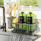 Cisily Sage Green Kitchen Dish Soap Dispenser, 16 fl Oz Dual Kitchen Soap Dispensers with Sponge Holder, Customized Stainless Steel Kitchen Soap Dispenser Set, Modern Hand and Dish Soap Bottle Set