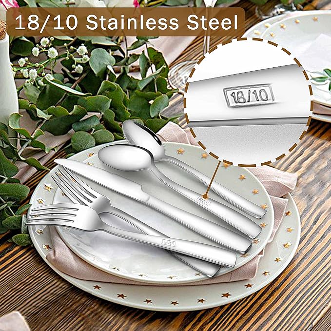 Herogo 18/10 Stainless Steel Silverware Set, 30-Piece Fancy Flatware Cutlery Set for 6, Modern Eating Utensils Tableware for Home Restaurant Wedding, Mirror Polished, Dishwasher Safe