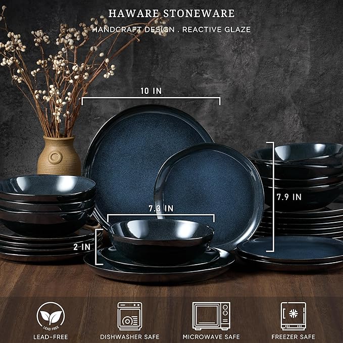 HaWare Plates and Bowls Set, Stoneware Dinnerware Sets, 12-Piece Hand-painted Dishware for 4, Ceramic Dinner Set for Home Kitchen, Microwave and Dishwasher Safe, Reactive Starry Blue