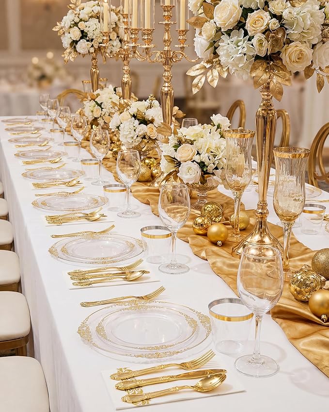 Morejoy 350PCS Clear and Gold Plastic Plates - Clear Plastic Dinnerware Set Include 50Dinner Plates, 50Dessert Plates 150Cutlery, 50Cups, 50Napkin Perfect for Party & Wedding