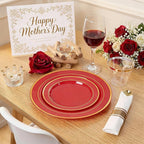 WDF Partyware 175 Pieces Red Plastic Plates with Gold Rim Include Dinner Plate 10" Dessert Plate 7" gold Cups 9 OZ, Pre Rolled Napkins 25 of each type for Wedding/Spring/Birthday/Mother's Day