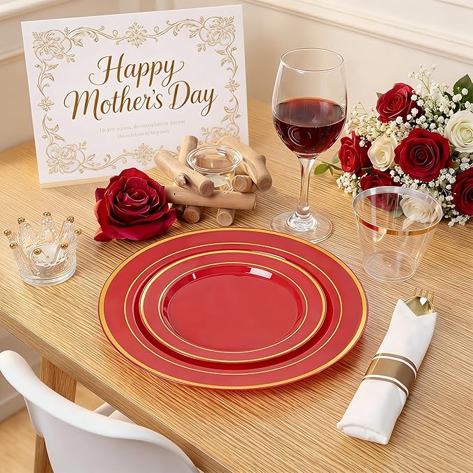 WDF Partyware 175 Pieces Red Plastic Plates with Gold Rim Include Dinner Plate 10" Dessert Plate 7" gold Cups 9 OZ, Pre Rolled Napkins 25 of each type for Wedding/Spring/Birthday/Mother's Day