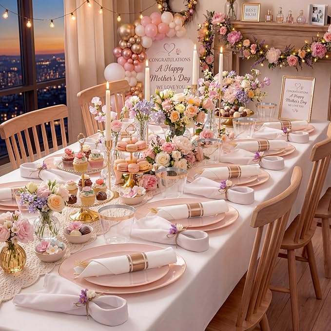 KIRE 350 PCS Pink Plastic Plates - Pink and Gold Disposable Dinnerware 50 Guest Include 50 Dinner Plate - 50Dessert Plate - 50Pre Rolled Napkins with Silverware for Mother's Day/Wedding/Baby Shower