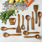 12 PCS Acacia Wooden Spoons for Cooking - Heat-Resistant, Comfort Grip,Easy to Clean, Non-stick Friendly - Kitchen Utensil Set with Holder, Spoon Rest & 6 Hooks, Ideal for Gifting