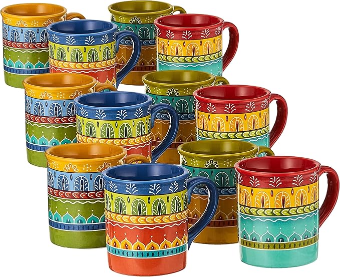 Valencia Mugs Set of 4 – 16 oz Colorful Ceramic Coffee Cups with Bold Multicolor Patterns, Microwave & Dishwasher Safe, Boho Kitchen Drinkware for Tea, Cocoa & More (Pack of 3)