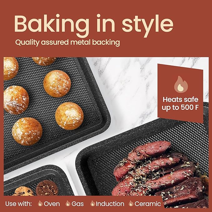 BAKKEN Kitchen Baking Pans - Nonstick Gray Coating, 13.58’’ × 9.65’’ Commercial Grade Carbon Steel Cookie Sheet, Diamond Texture Bottom, PFOA, PFOS, PTFE Free, Oven Safe Tray (450°F), Gray Marble