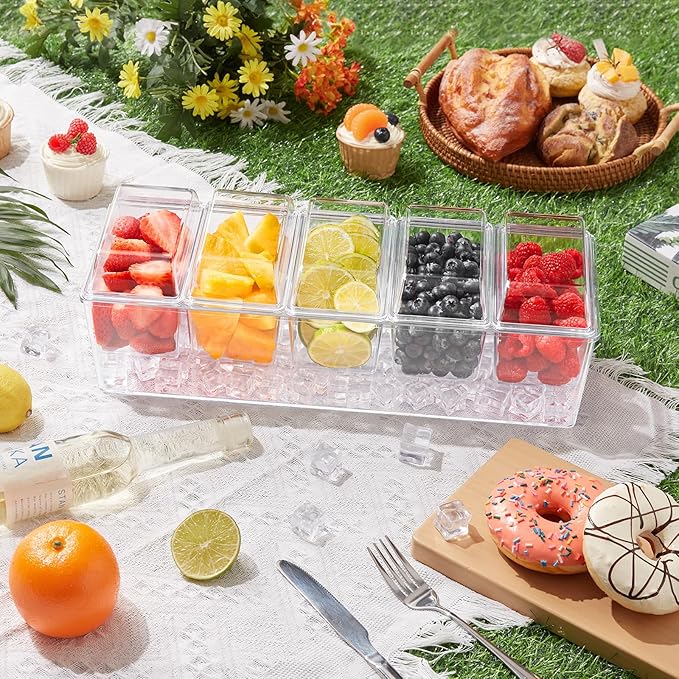 Lifewit 2 Pcs Ice Chilled Condiment Caddy with 5x 20 oz Containers, Condiment Server with Lid & Metal Accessories, Serving Tray Platter with Removable Dishes for Bar, Fruit, Salad, Taco, Party Garnish