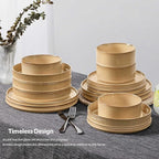 LIANYU 16 Piece Dinnerware Sets with Double Bowls, Ceramic Plates and Bowls Set for 4, Ribbed Stoneware Dishes, Microwave and Dishwasher Safe, Dune Khaki