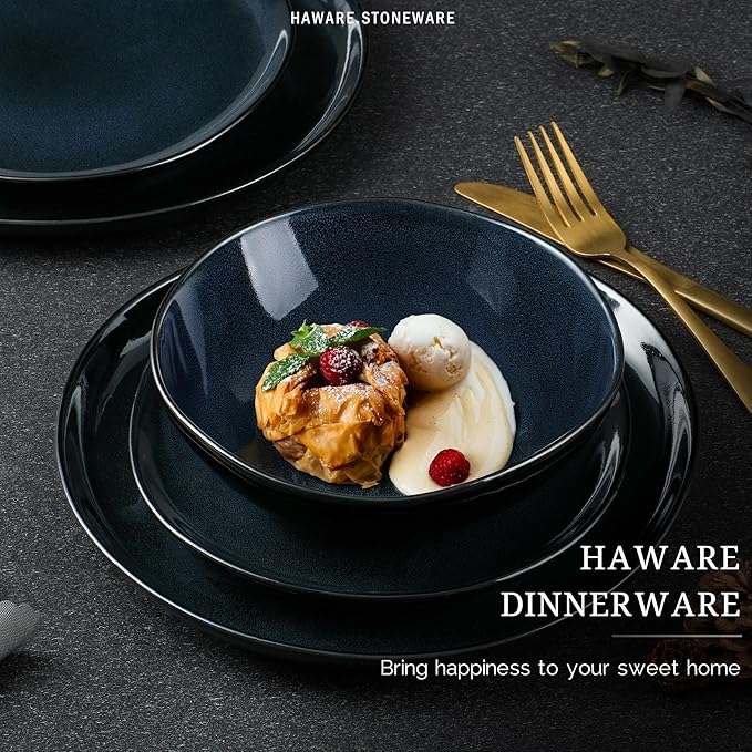 HaWare Plates and Bowls Set, Stoneware Dinnerware Sets, 12-Piece Hand-painted Dishware for 4, Ceramic Dinner Set for Home Kitchen, Microwave and Dishwasher Safe, Reactive Starry Blue