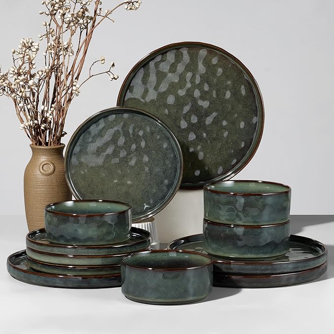 HaWare Dinnerware Sets, 12-Piece Plates and Bowls Set, Stoneware Dish Set for 4, Ceramic Dinnerware for Home Restaurant, Chip and Scratch Resistant, Microwave and Dishwasher Safe, Reactive Moss Green