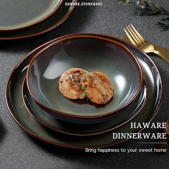 HaWare Plates and Bowls Set, Stoneware Dinnerware Sets, 12-Piece Hand-painted Dishware for 4, Ceramic Dinner Set for Home Kitchen, Scratch Resistant, Microwave and Dishwasher Safe, Reactive Moss Green